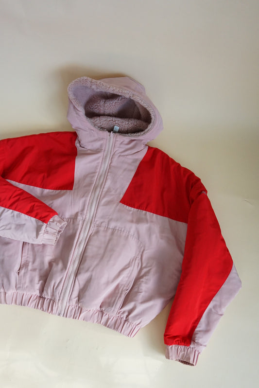 Alo Terry Sherpa Puffer Oversized Hoodie Pink/Red Nylon Jacket - Size Medium