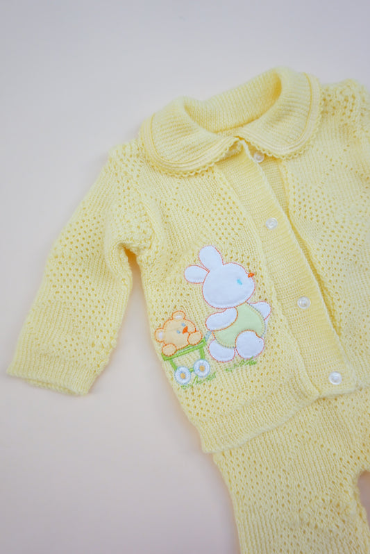 Vintage Yellow Crocheted Bunny Handmade Baby Sweater / Pant Set