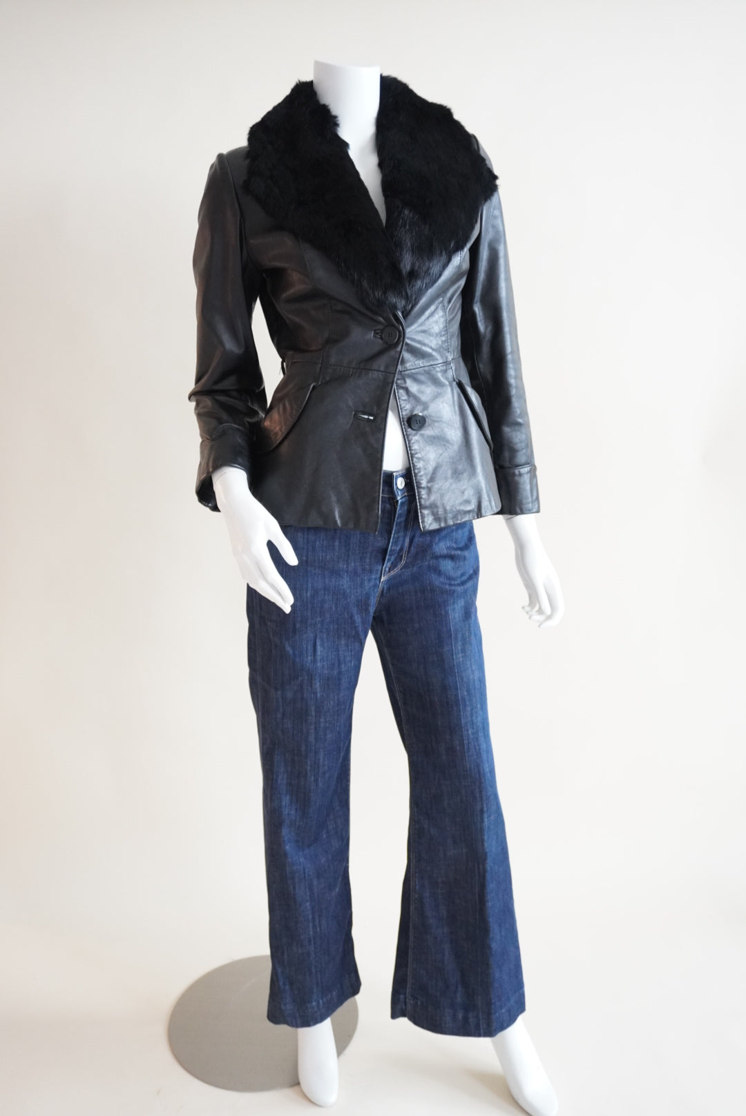Vintage Belted Blazer Leather Rabbit Fur Collar Black Jacket Made in Korea