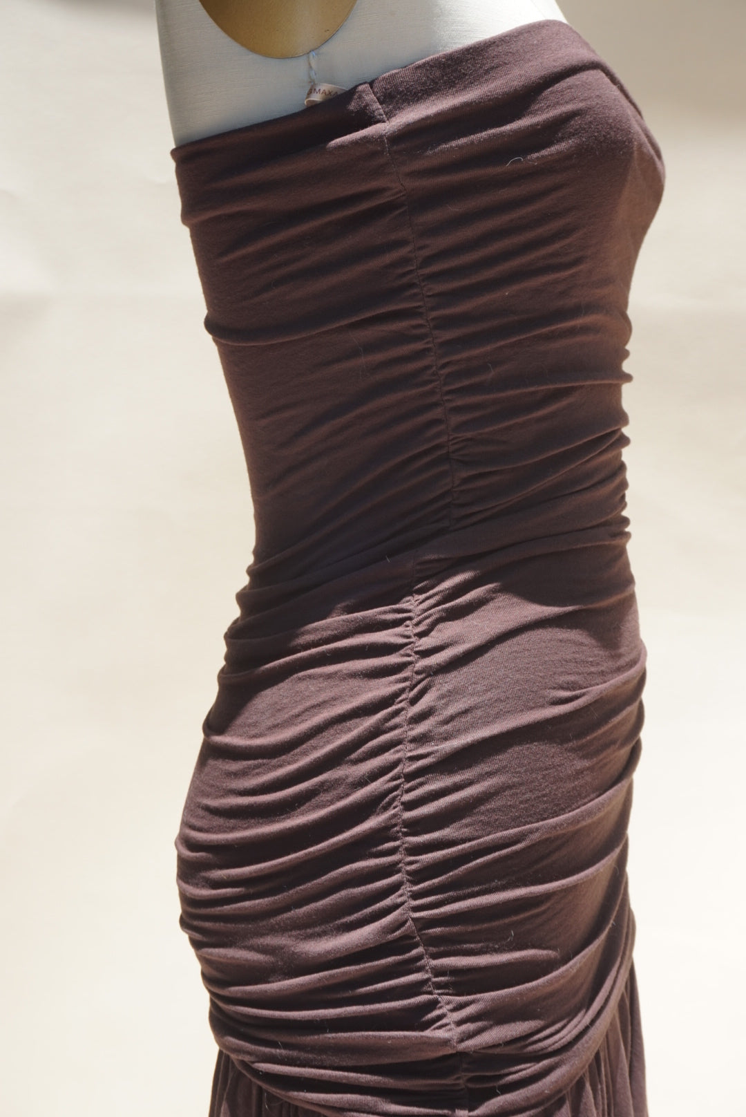 “BCBGMAXAZRIA” Vintage Brown Mini Strapless Ruffle Hem Knit Dress - Size