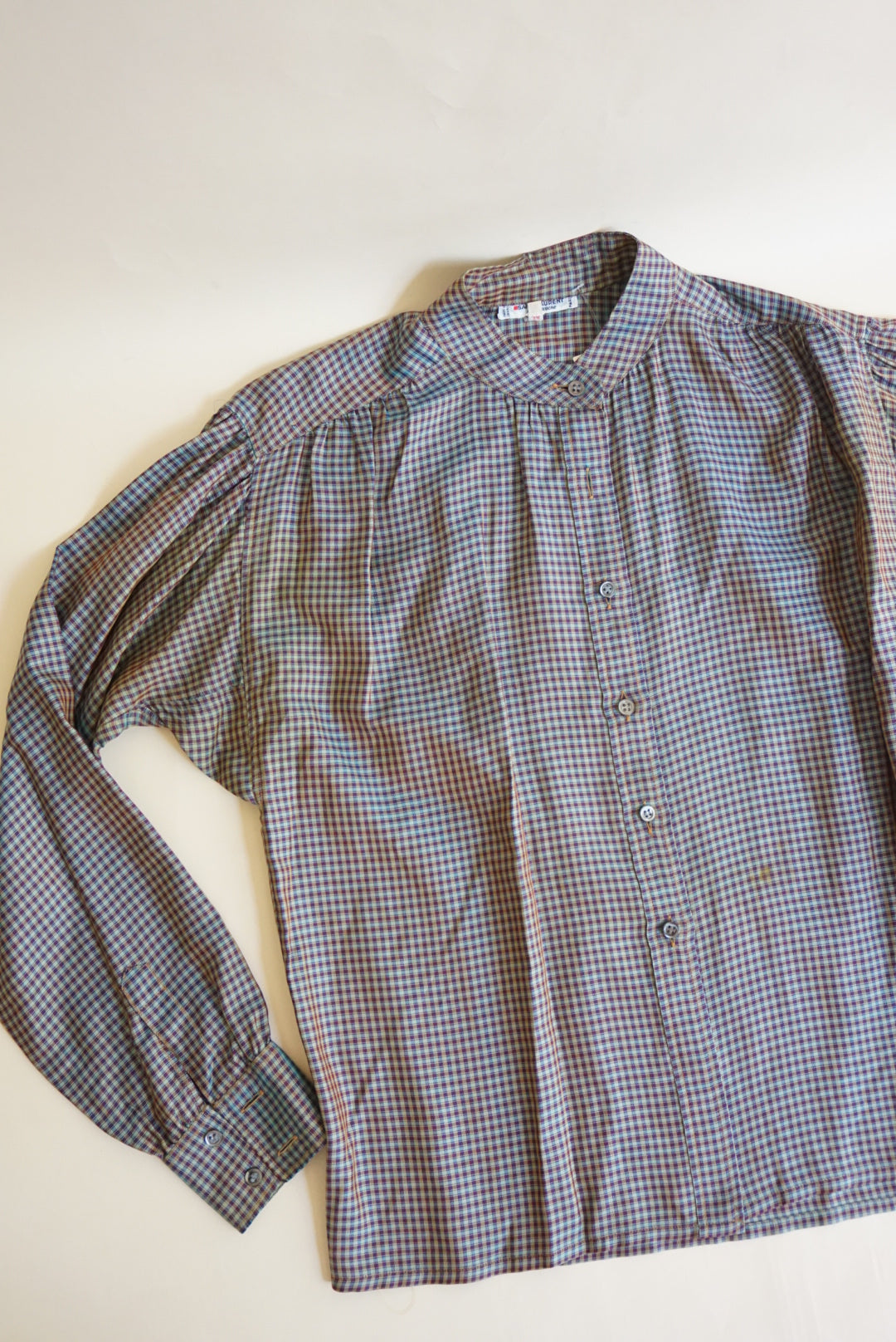Saint Laurent Rive Gauche VTG Iridescent Mandarin Collar Silk Plaid Blouse - Size 40