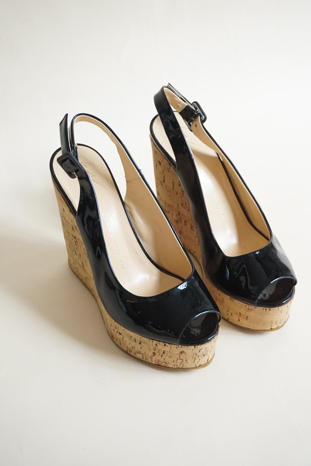 Giuseppe Zanotti Black Patent Leather Peep Toe Cork Wedges - Size 38