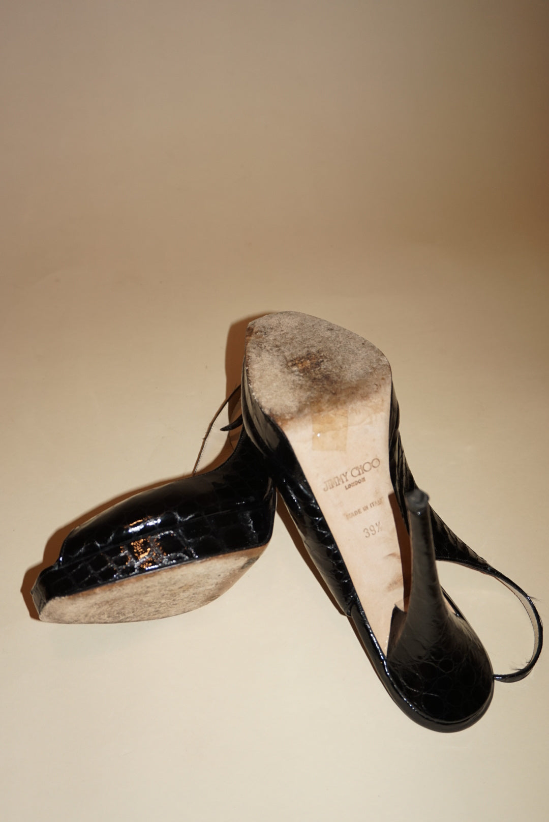 "Jimmy Choo" Croc Embossed Leather Peep Toe Slingback Heels - Size 39.5