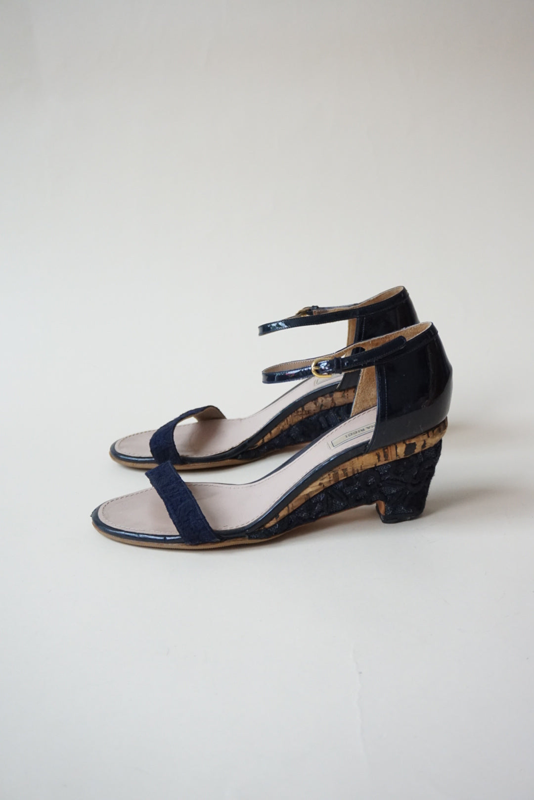 Nina Ricci Cork Navy Patent Leather Embroidered Sandal Wedge - Size 40