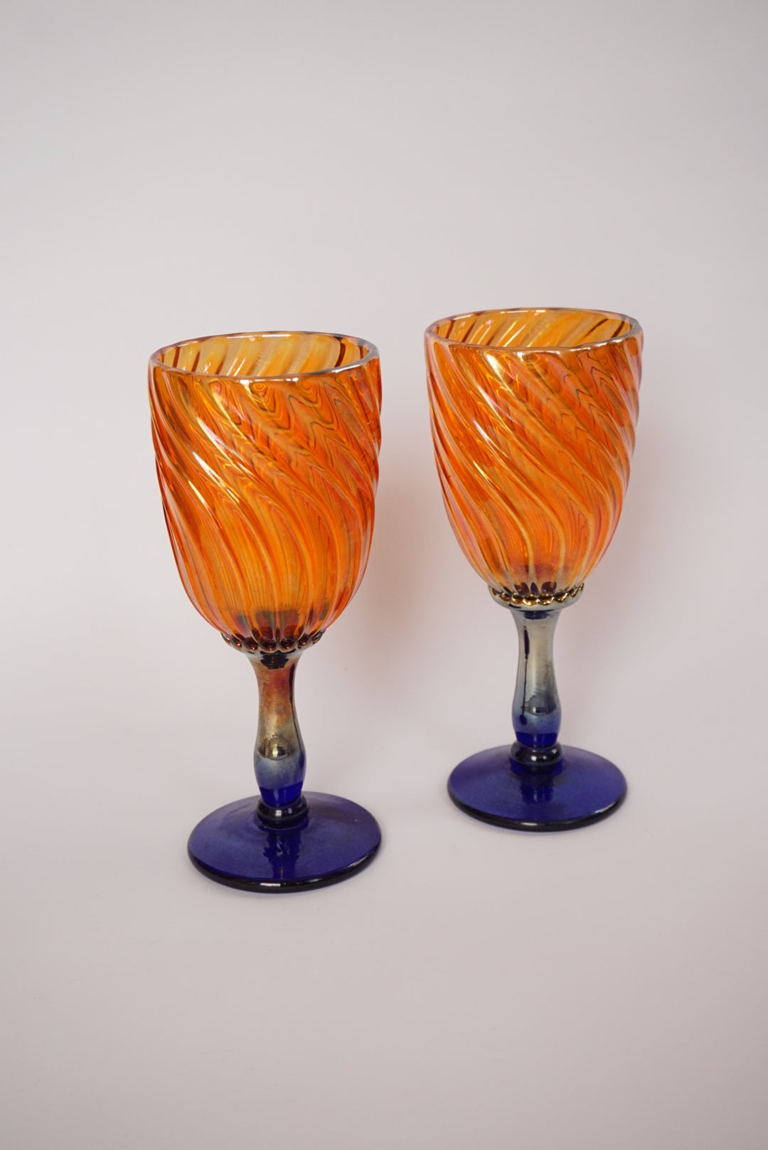 Rick Strini Aurene Golden & Cobalt Blue Spiral Cane Hand Blown Rare Signed Glass Goblets - Set of 2