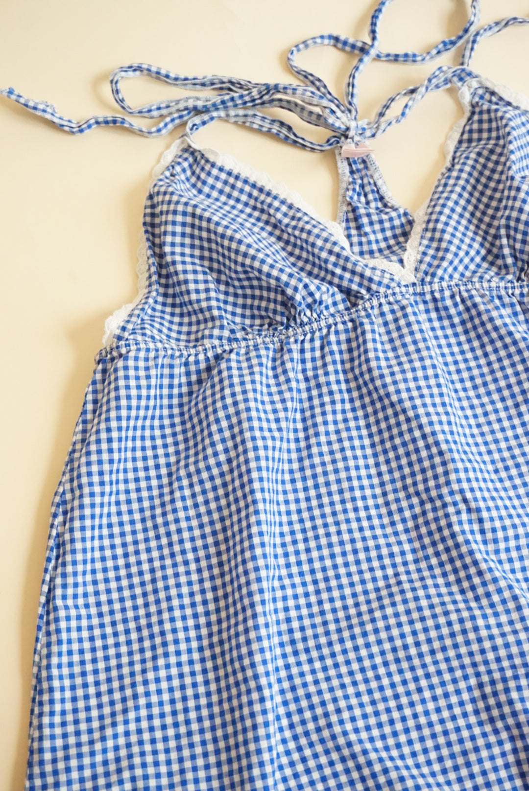 Victoria's Secret Blue Halter Gingham Lace Trim Blouse - Size Large