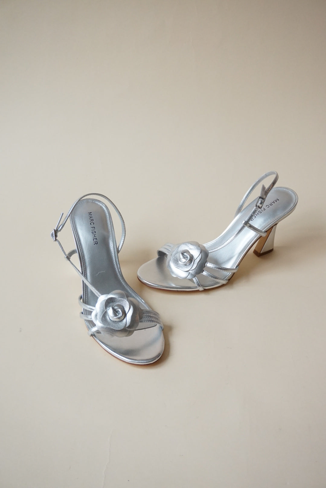 Marc Fisher Hallan Silver Rose Detail Sandal Heel - Size 9.5