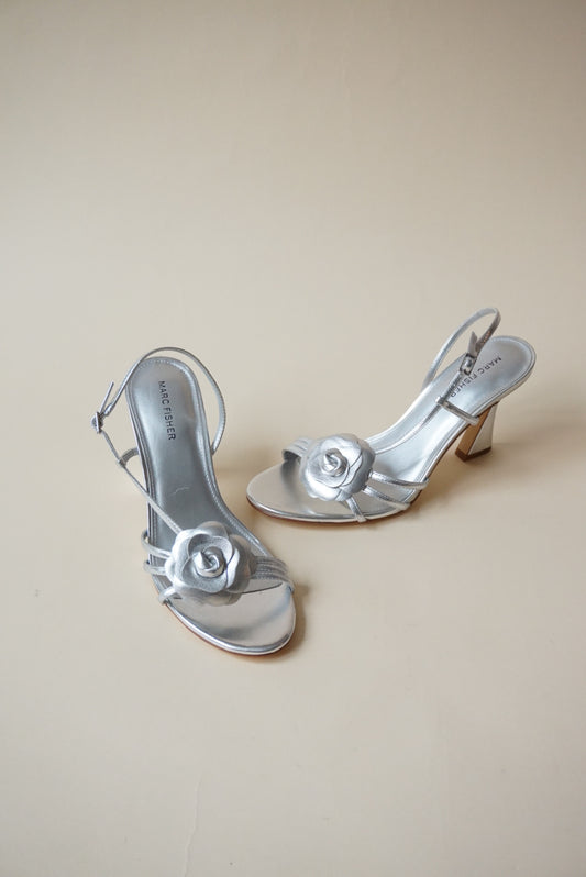 Marc Fisher Hallan Silver Rose Detail Sandal Heel - Size 9.5