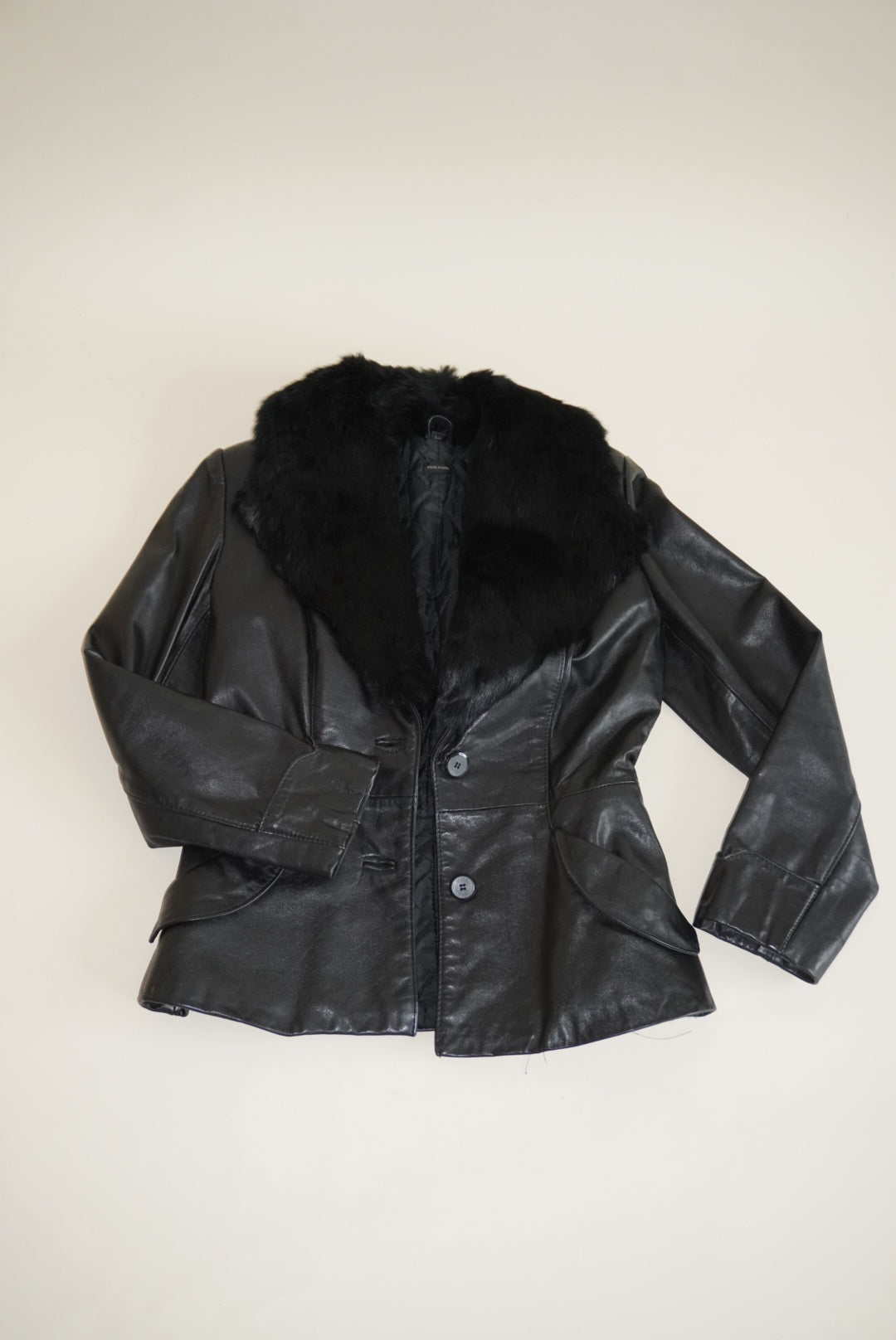 Vintage Belted Blazer Leather Rabbit Fur Collar Black Jacket Made in Korea