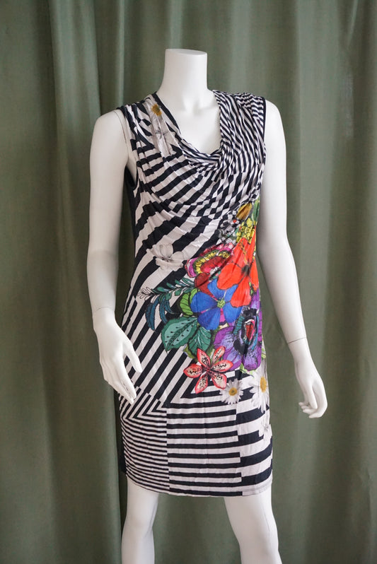 Desigual Black Sleeveless Floral Striped Cowl Neck Knit Mini Dress - Size Medium