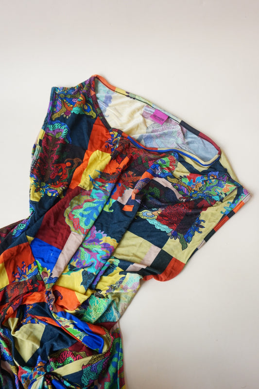 "Save The Queen" Printed Patchwork Graphic Sleeveless Wrap Blouse - Size Medium