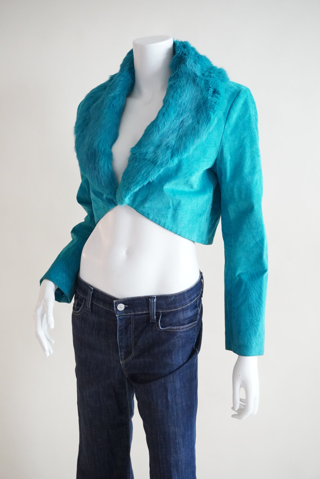 Luciano Dante Y2K Turquoise Vintage Leather Rabbit Fur Collar Bolero Jacket - Size Medium