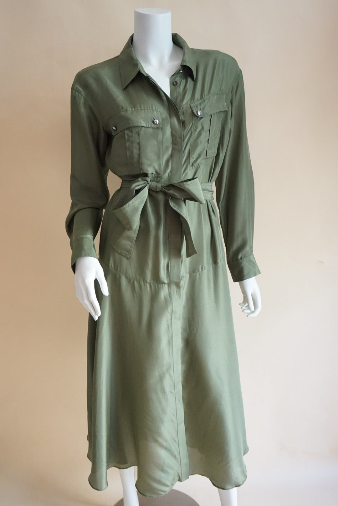 Veronica Beard Camille Olive Green Belted Utility Silk Midi Shirt Dress - Size 8