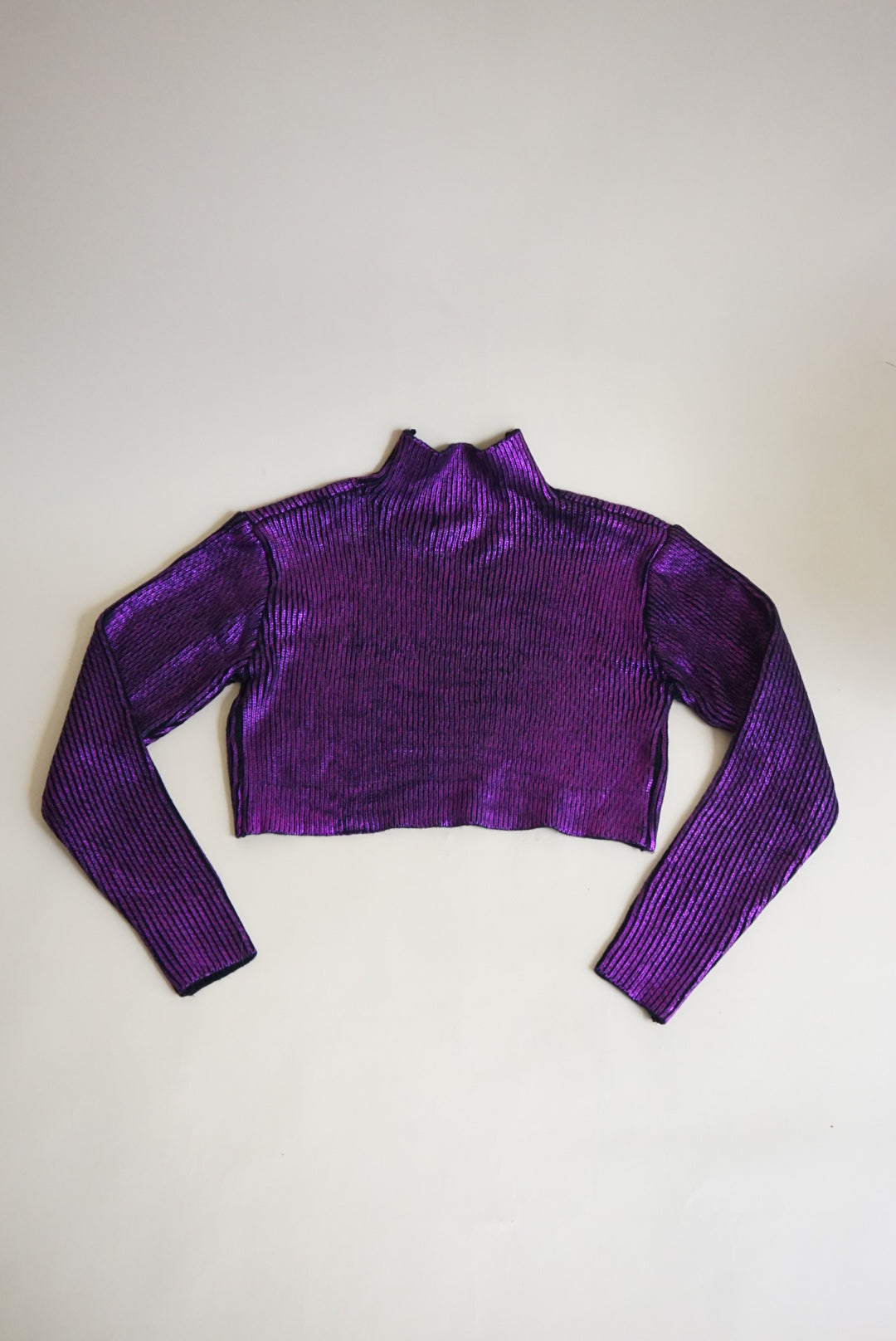 Akira Metallic Purple Cable Knit Cropped Turtle Neck Sweater - Size Small