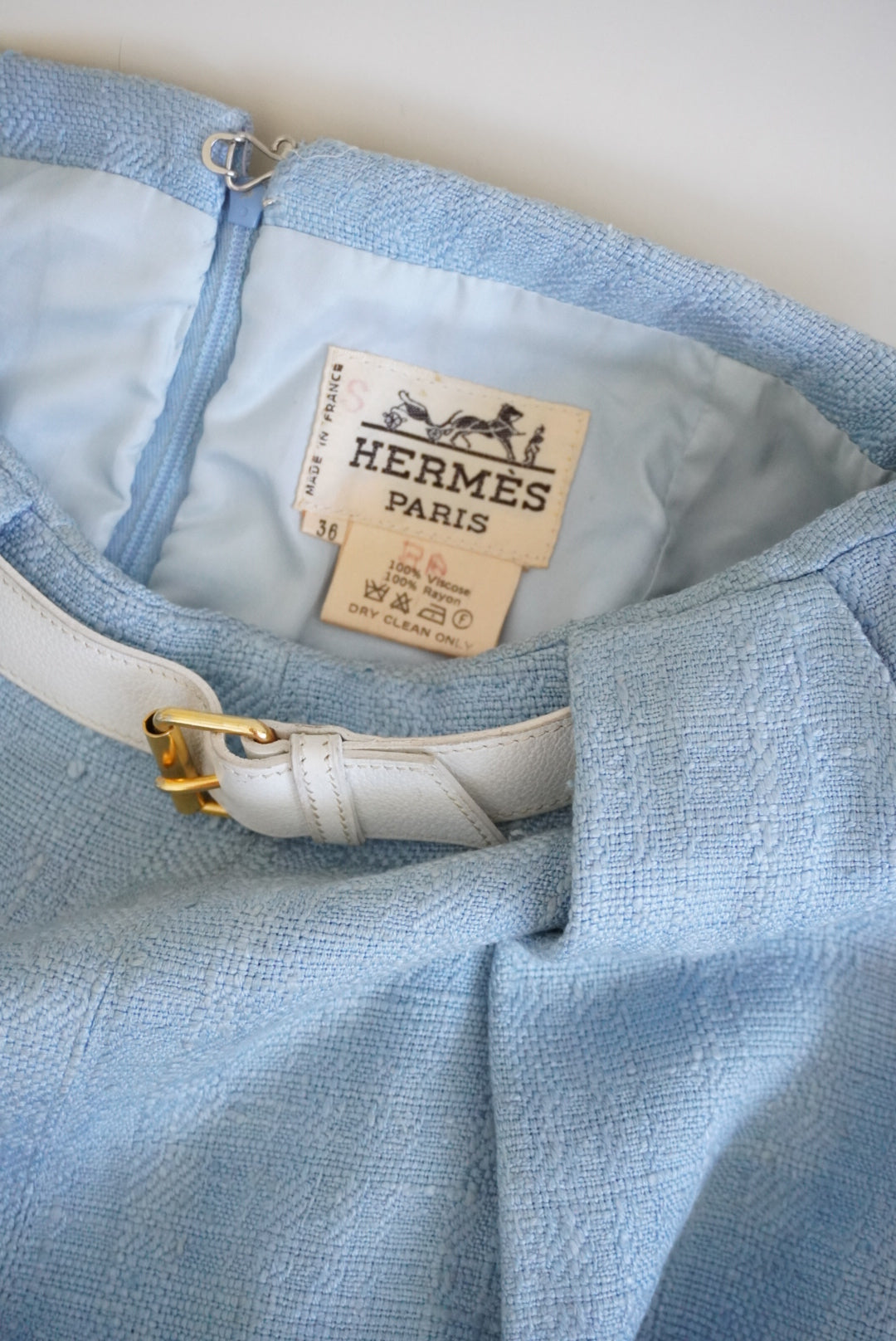 Hermes 70's VTG Baby Blue Buckle Pencil Woven Skirt - Size 36