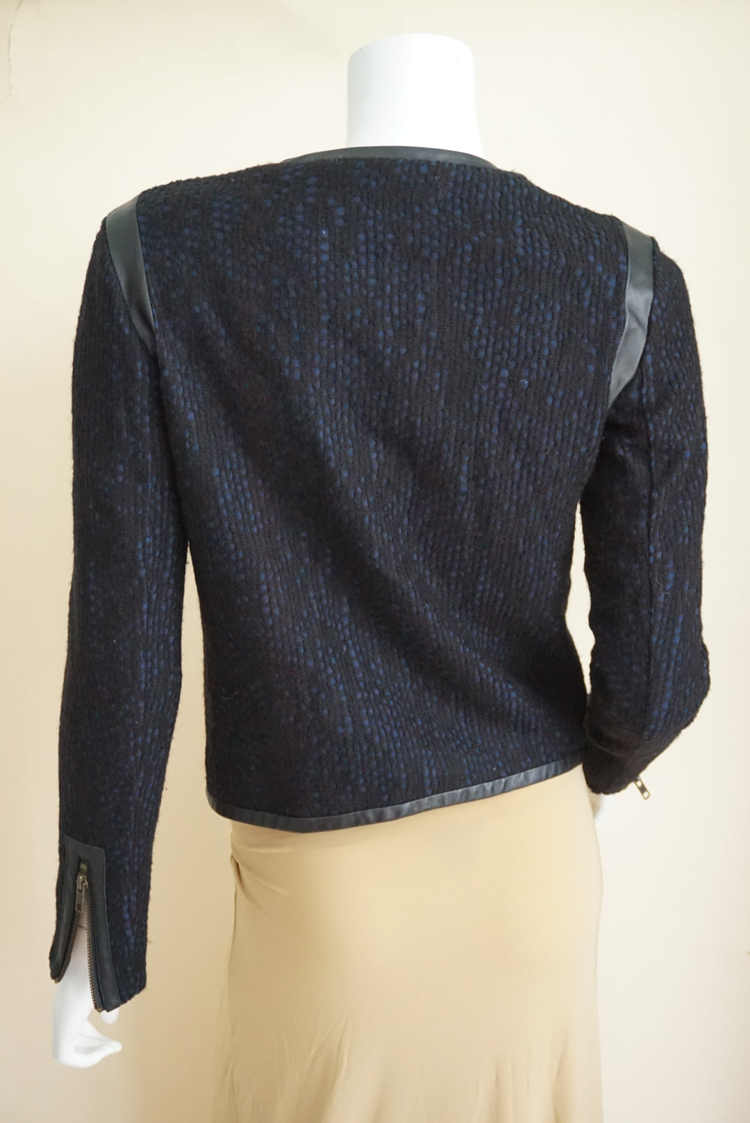 10 Crosby Derek Lam Navy/Black Wool Tweed Lambskin Leather Trim Moto Jacket - Size 2