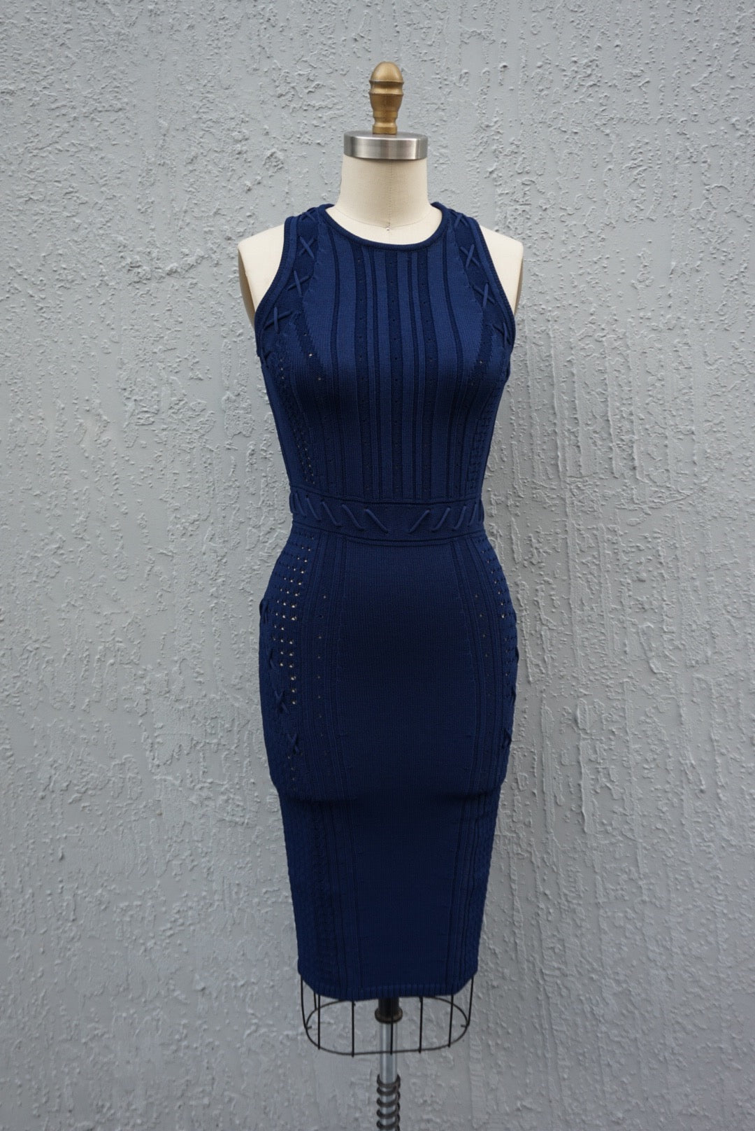 “Ronny Kobo” Lace-Up “Marietta” Navy Stretch Knit Sleeveless Dress - Size Small
