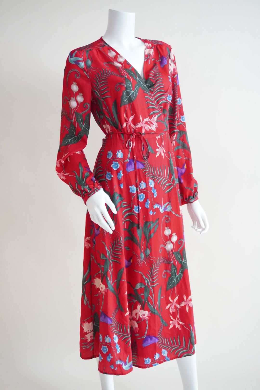 H&M Wrap Red Botanical Floral Midi Dress - Size 10