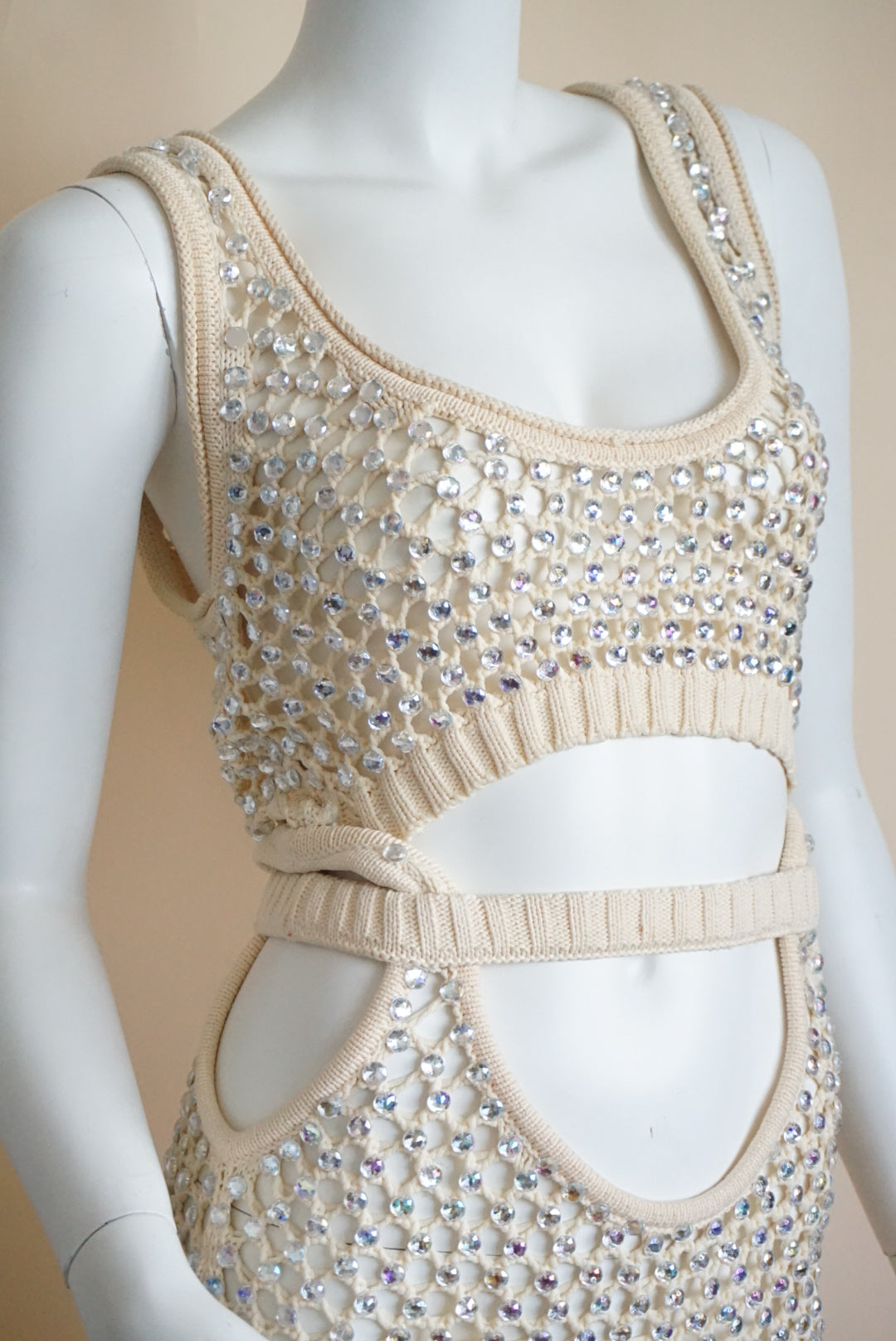 Diotima Naomi Crystal Embellished Open Knit Mesh Sand Dress NWT - Size 3