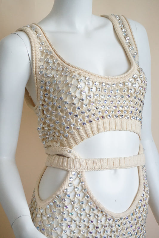 Diotima Naomi Crystal Embellished Open Knit Mesh Sand Dress NWT - Size 3