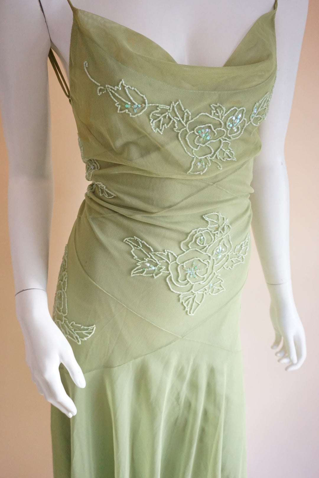 BCBGMAXAZRIA Green Beaded Mesh Y2K Maxi Dress - Size Large