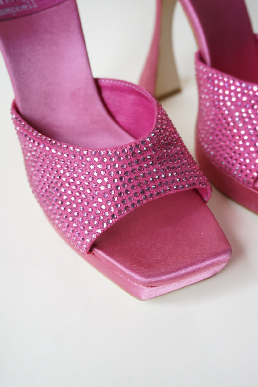 "Jeffrey Campbell" Rhinestone Pink Satin Heeled Mules - Size 7.5