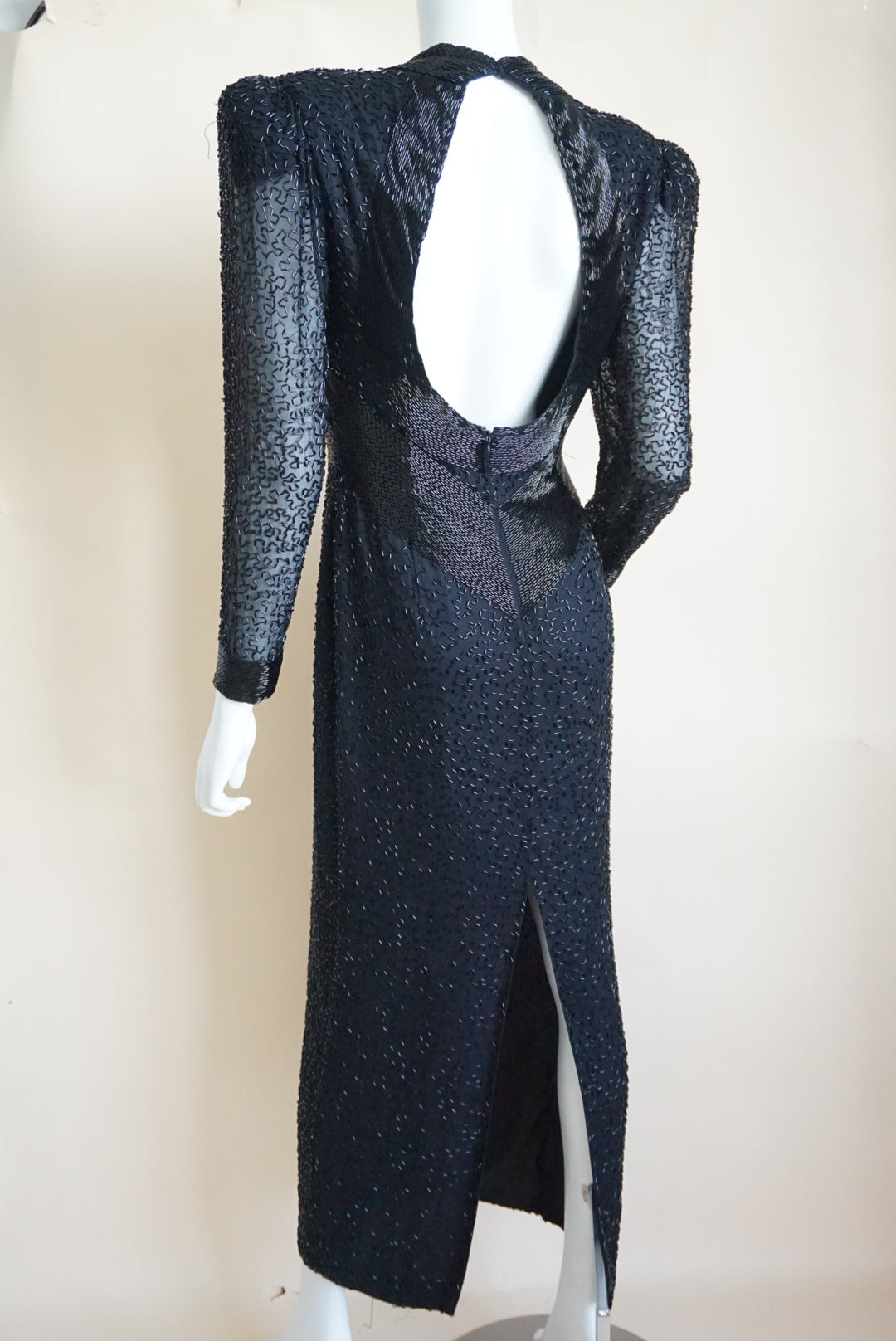 Lillie Rubin Exclusive Vintage Beaded Open Back Black Silk Statement Gown - Size 8