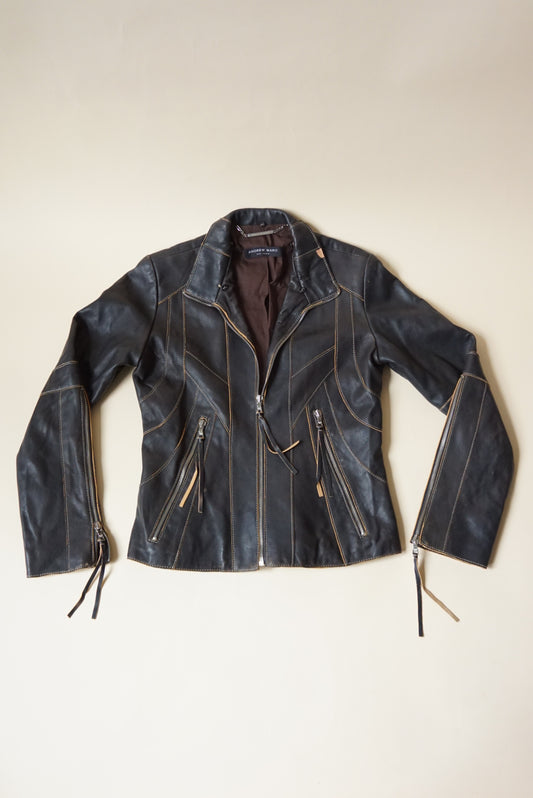 Andrew Marc NY Charcoal Brown Raw Edge Leather Top Stitch Moto Jacket - Size XS