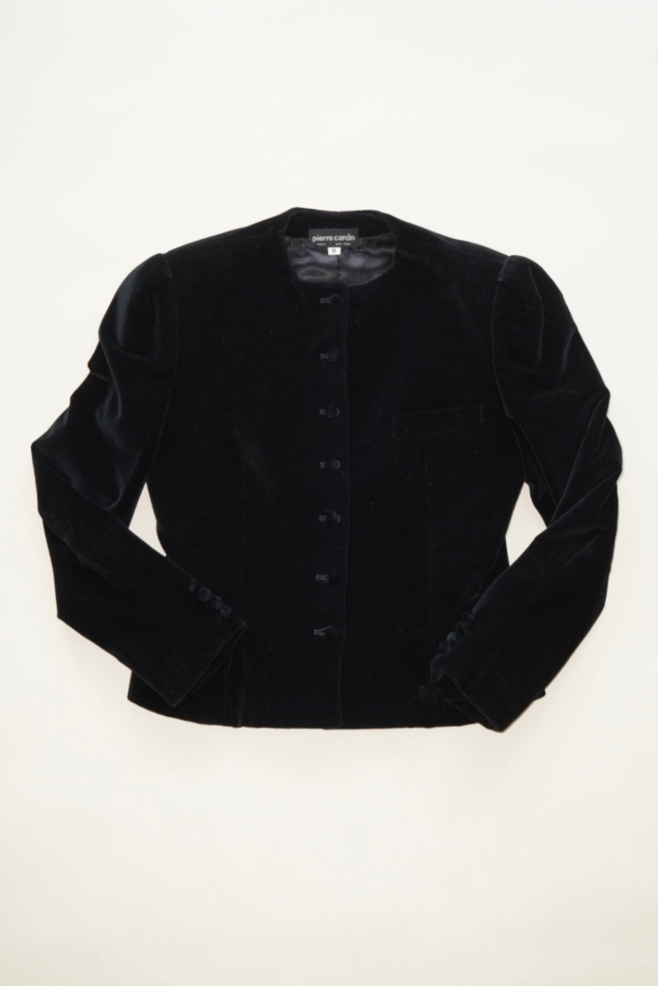 Pierre Cardin Vintage Victorian Style Cotton Black Velvet Collarless Blazer - Size 8