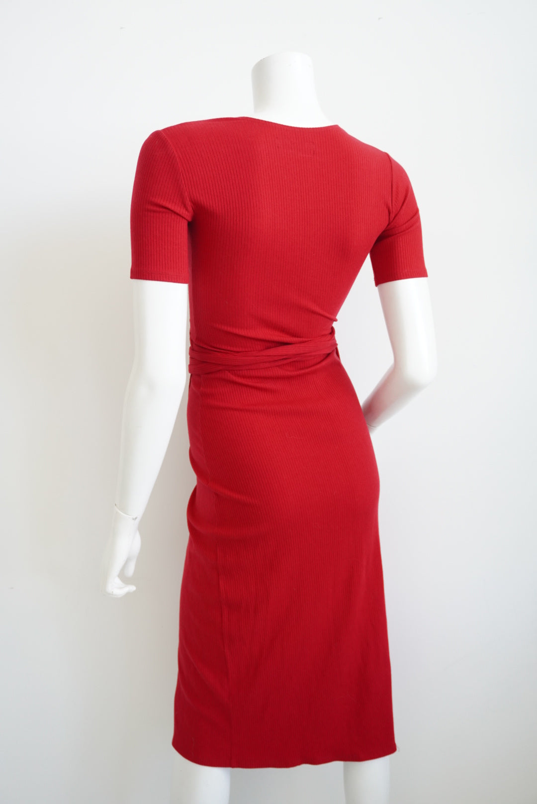 Reformation Red Ribbed Knit Wrap Midi Dress - Size XS