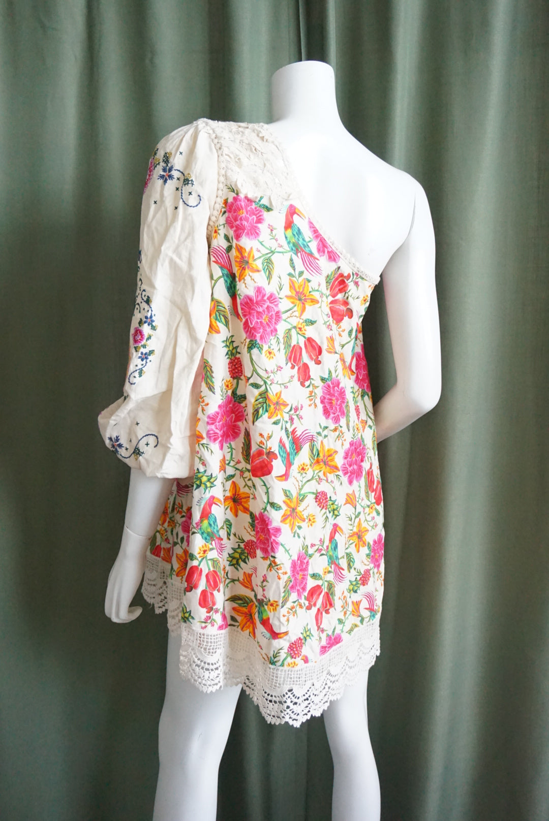 Farm Rio Anthropologie Toucans Garden One Shoulder Embroidered Dress - Size XS