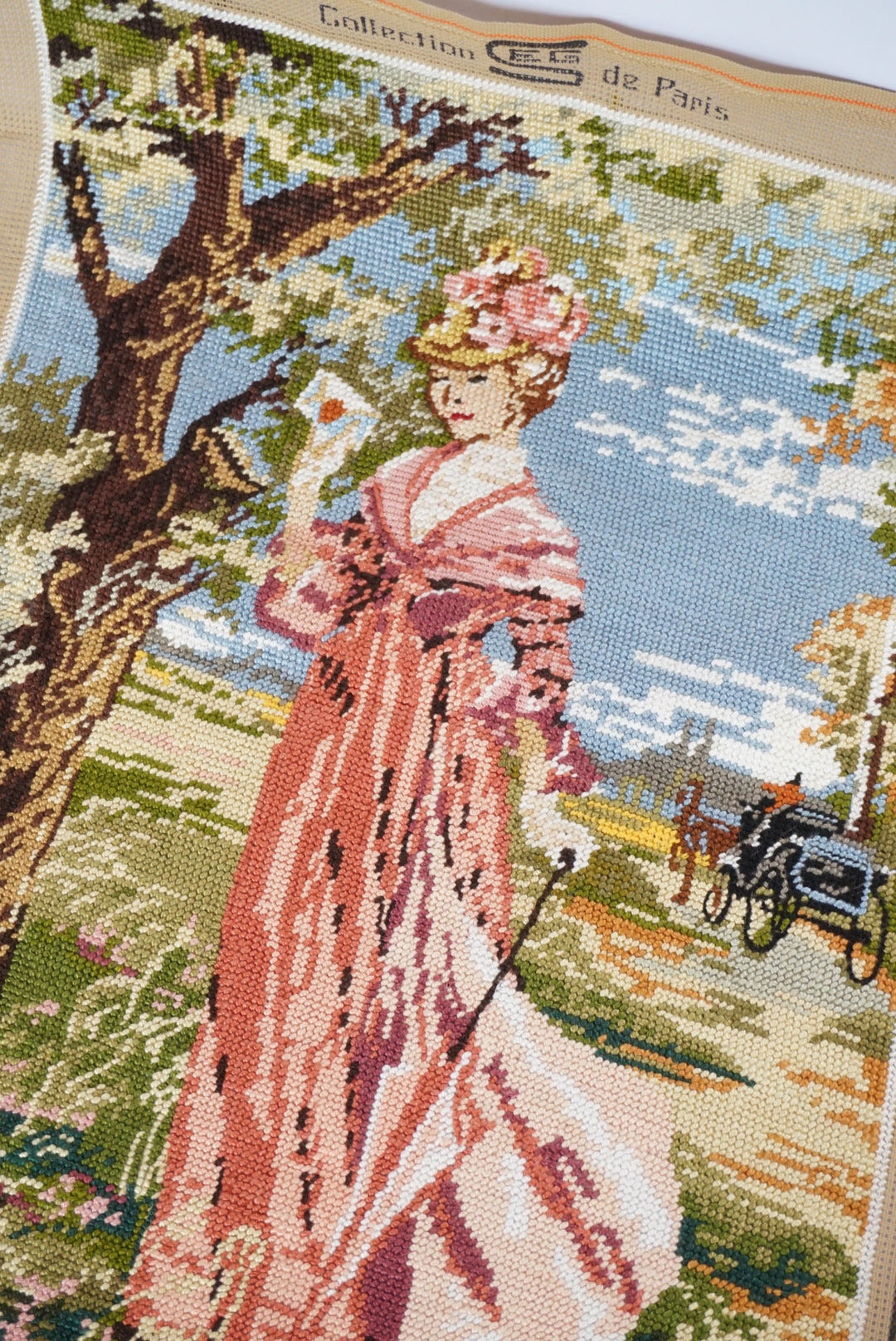 VTG Unframed Needlepoint Victorian Lady in Pink Dress Gobelin Collection D'Art 20" x 14.25"