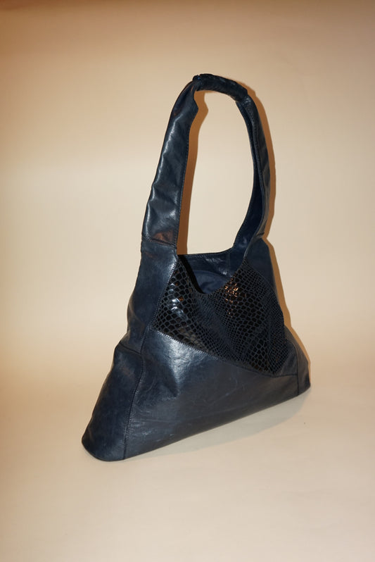 "Danny" Vintage Leather Textured Shoulder Bag Navy Blue