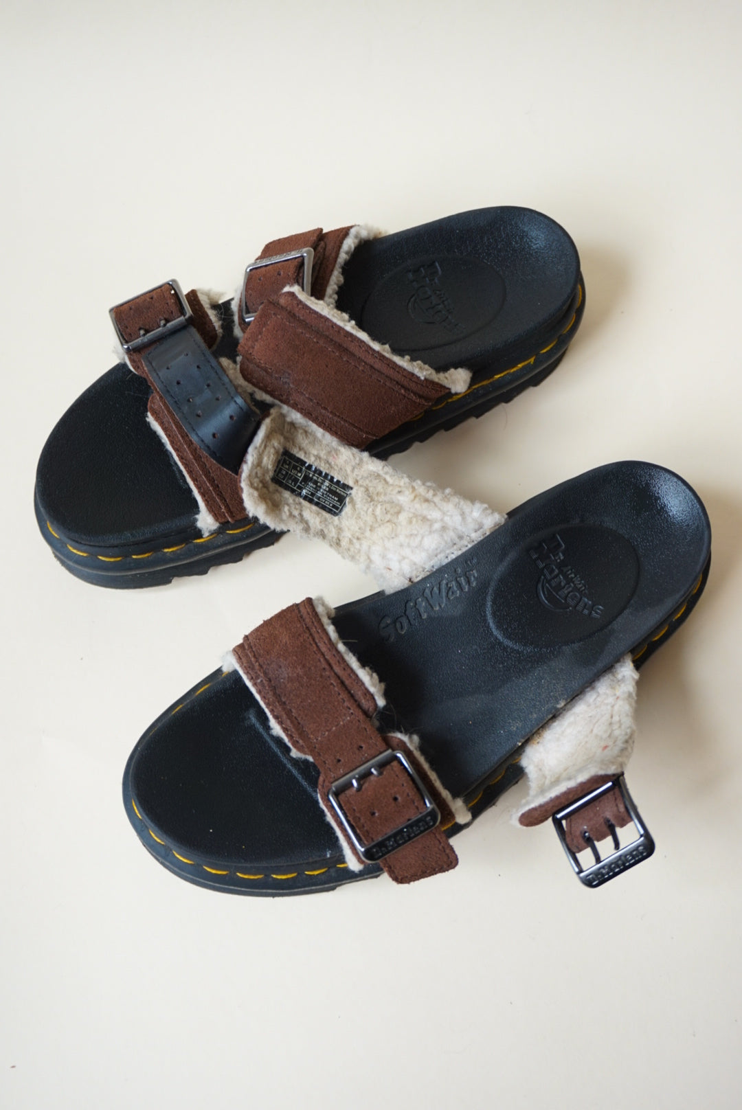 Dr. Martens Brown "Myles" Suede Faux Fur Lined Buckle Sandals - Size 7
