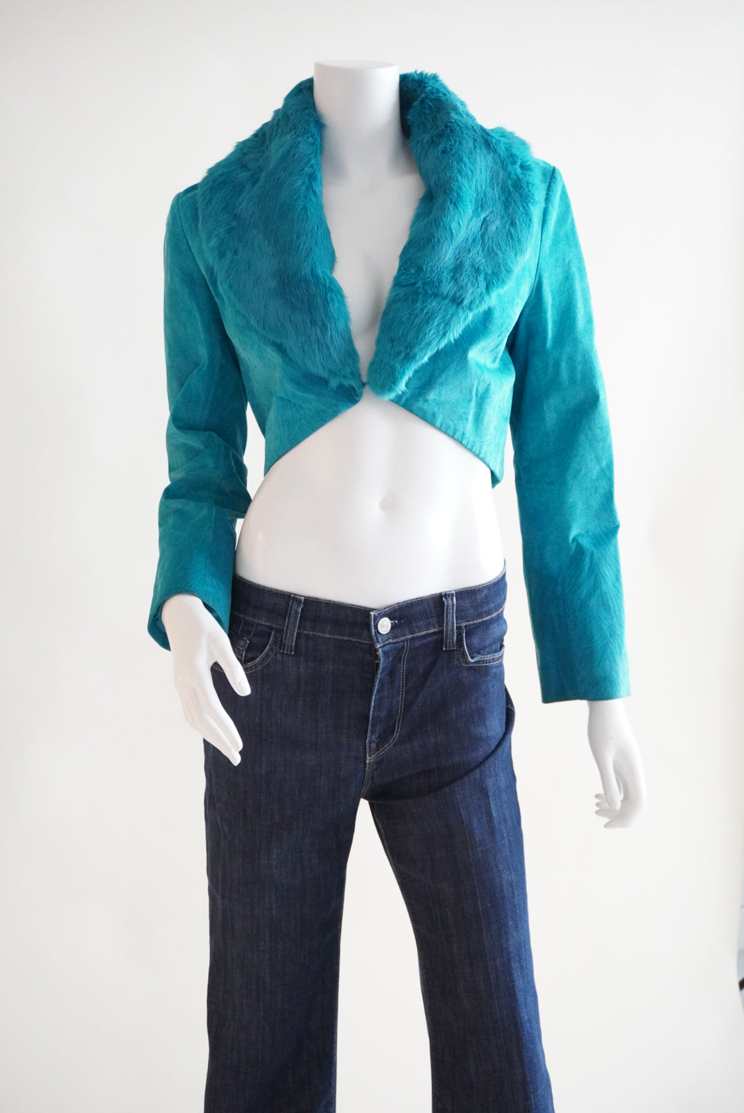 Luciano Dante Y2K Turquoise Vintage Leather Rabbit Fur Collar Bolero Jacket - Size Medium