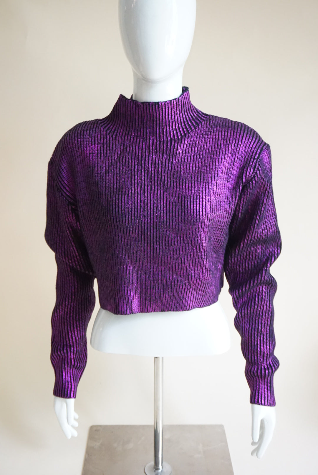 Akira Metallic Purple Cable Knit Cropped Turtle Neck Sweater - Size Small