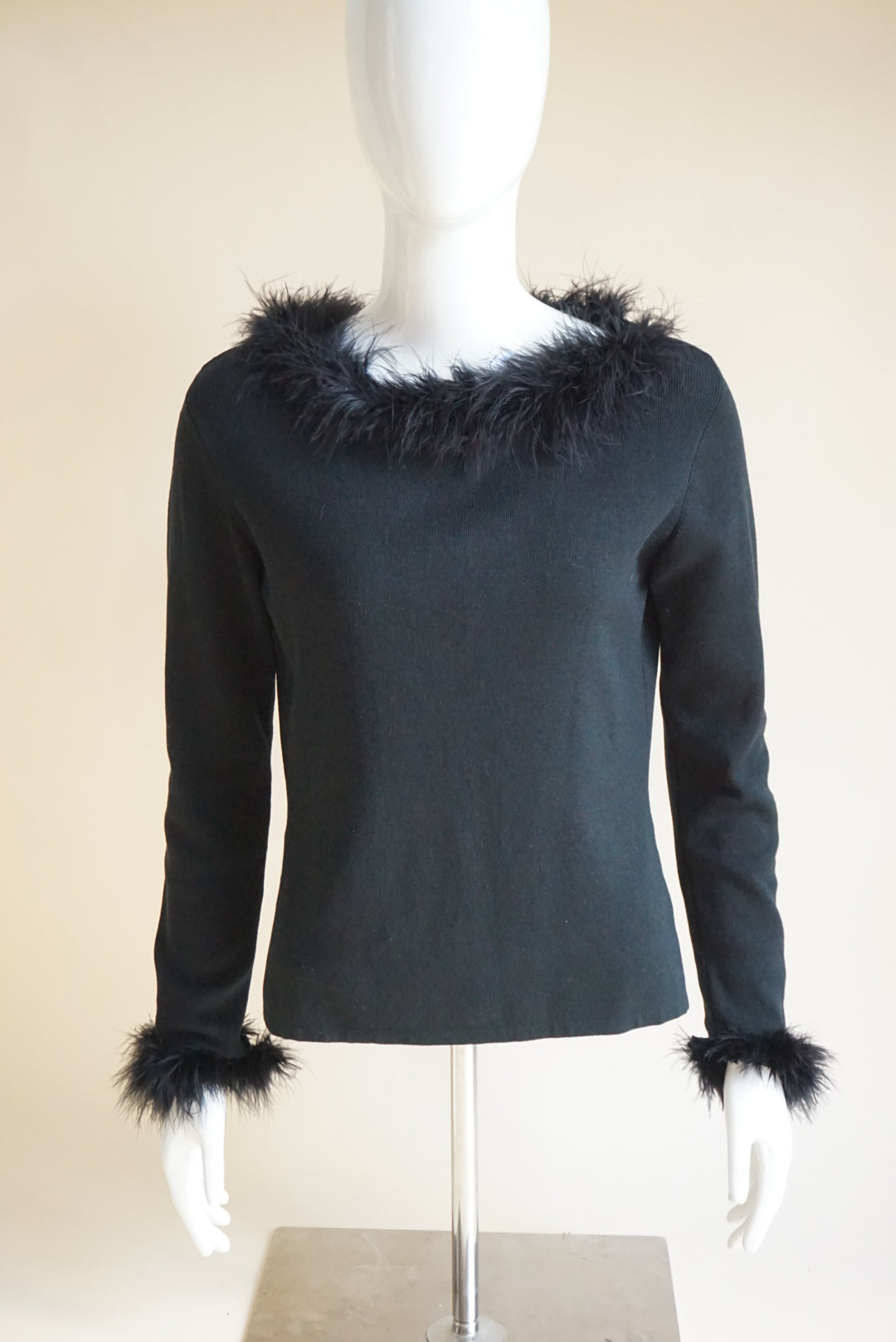 Joesph A. Silk Blend Black Knit Feather Trim Y2K Blouse - Size Large