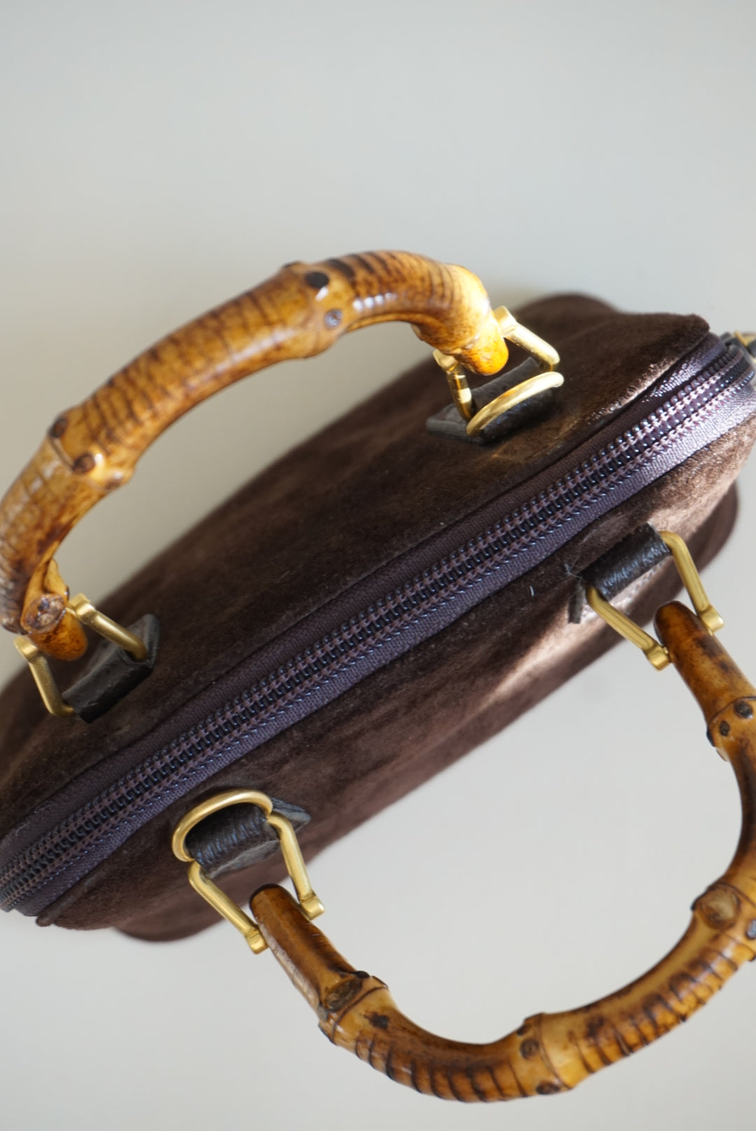 “Gucci” 80’s Brown Suede Mini Vintage Bamboo Handbag