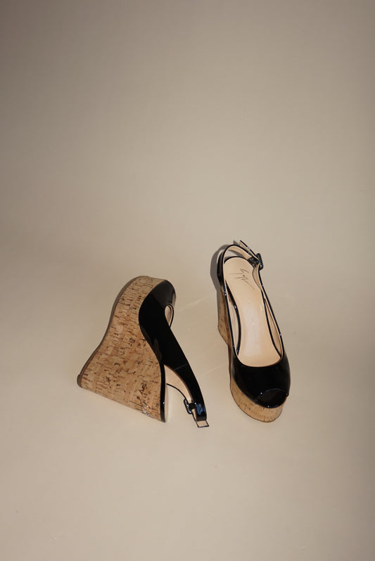 “Giuseppe Zanotti” Black Patent Leather Peep Toe Cork Wedges - Size 38