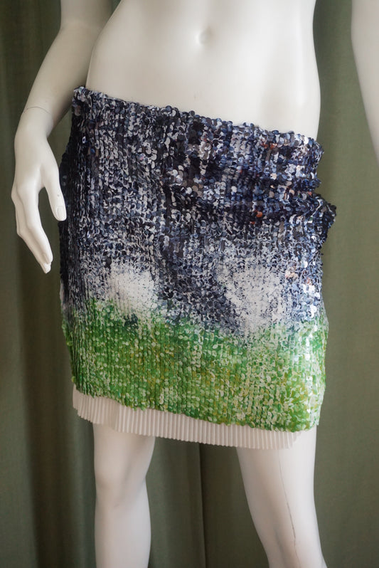 Zara Navy/Green Ombre Sequin Pleated Hem Mini Skirt - Size Large