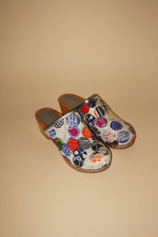 Coach Joy Patch Logo Wooden Clogs Y2K Pop Art Mule Clogs - Size 8.5