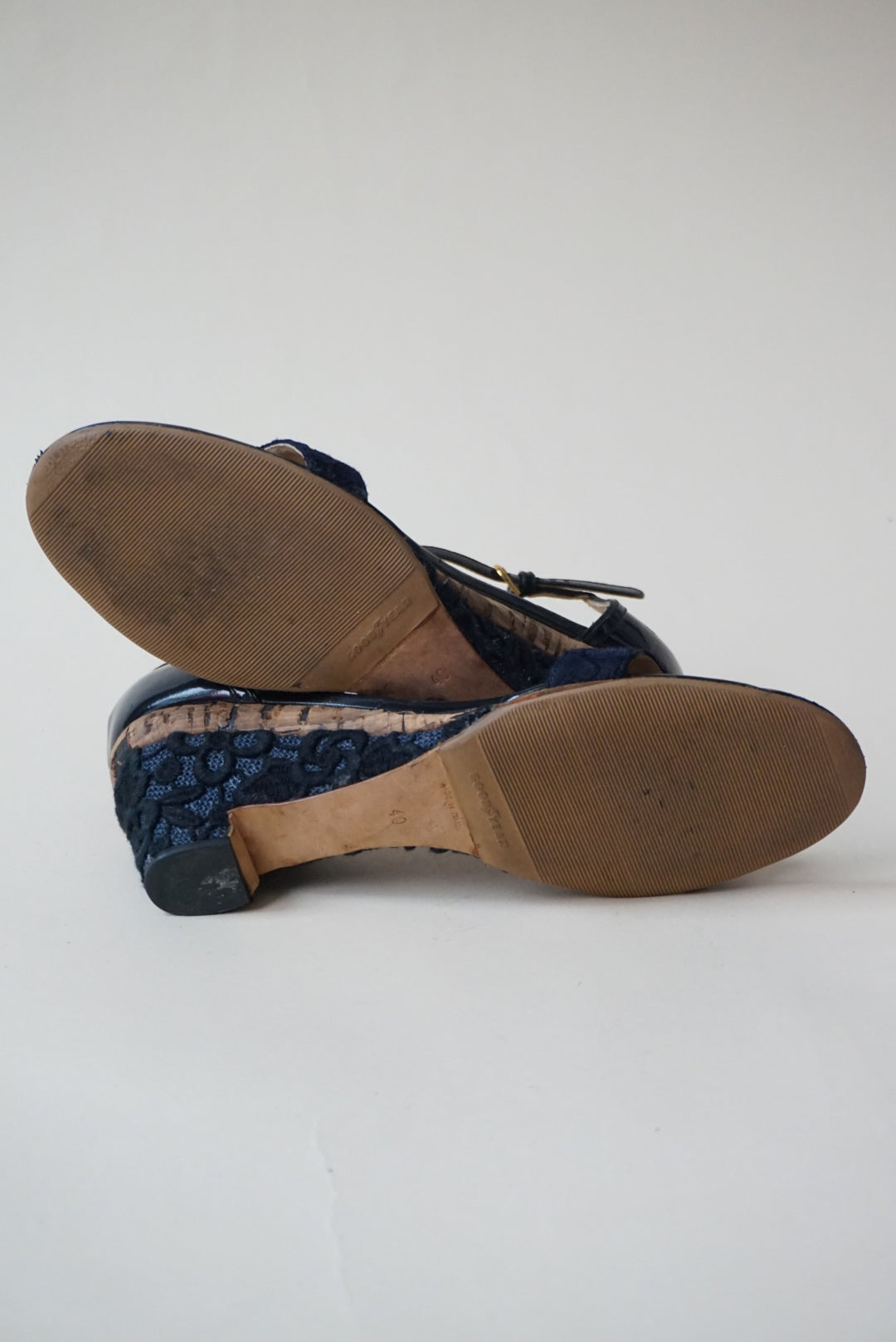 Nina Ricci Cork Navy Patent Leather Embroidered Sandal Wedge - Size 40