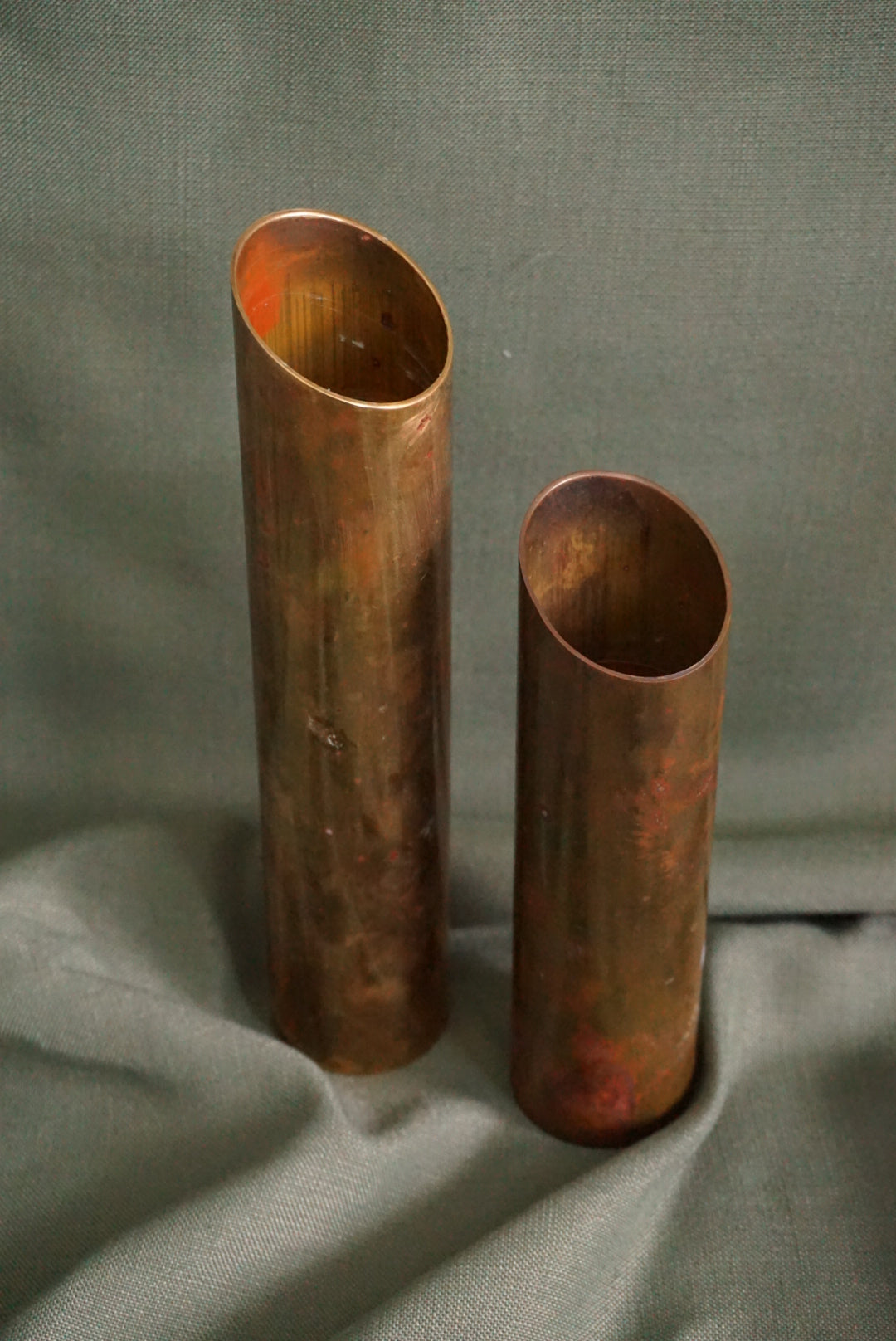 Mid Century Modern Danish Brass Cylinder Angled Top Candle Holders - Set of 2