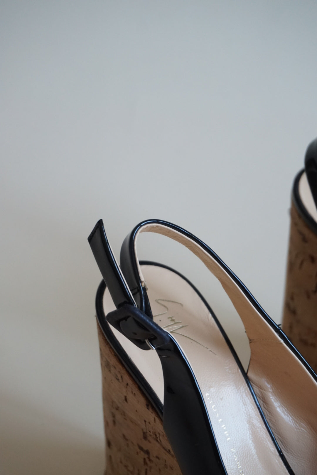 “Giuseppe Zanotti” Black Patent Leather Peep Toe Cork Wedges - Size 38