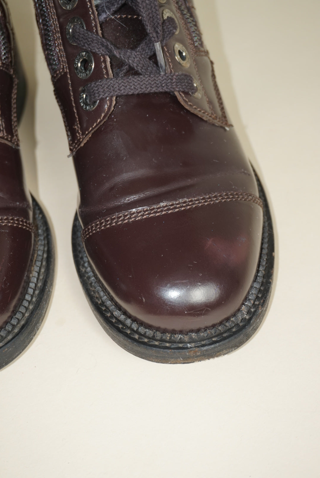 “Chanel” Dark Burgundy Shiny Calfskin Quilted CC Lace Up Combat Boots - Size 36.5