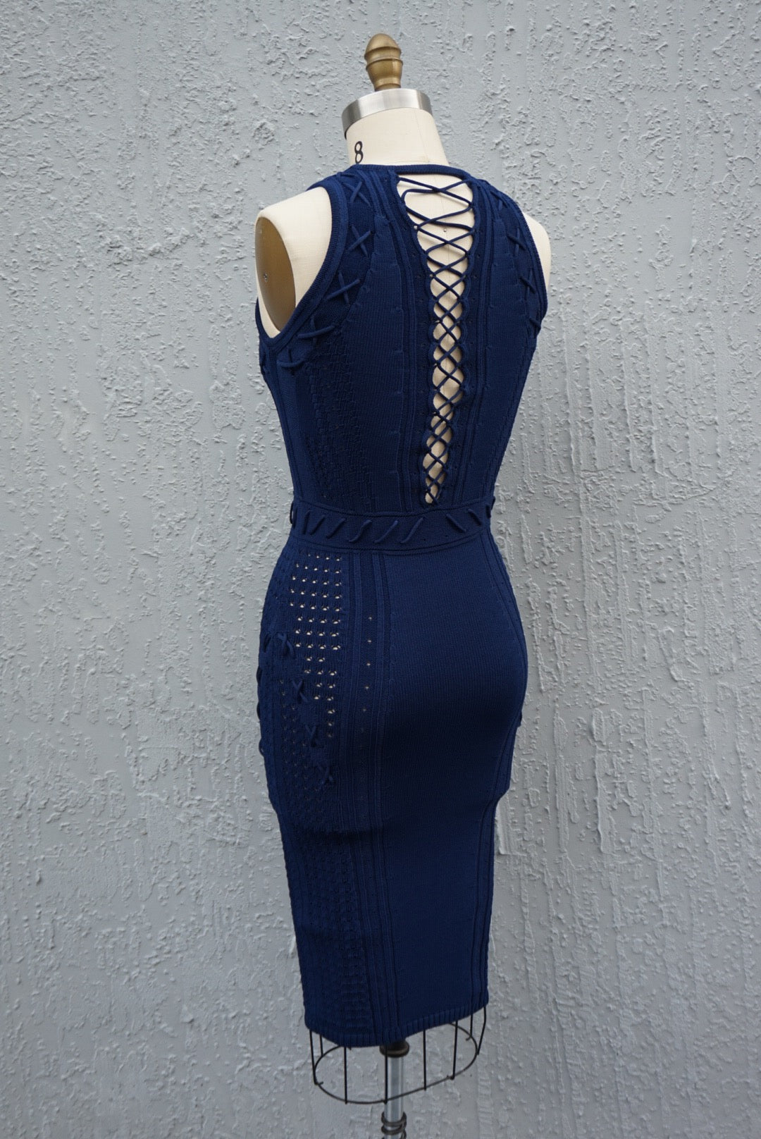 “Ronny Kobo” Lace-Up “Marietta” Navy Stretch Knit Sleeveless Dress - Size Small