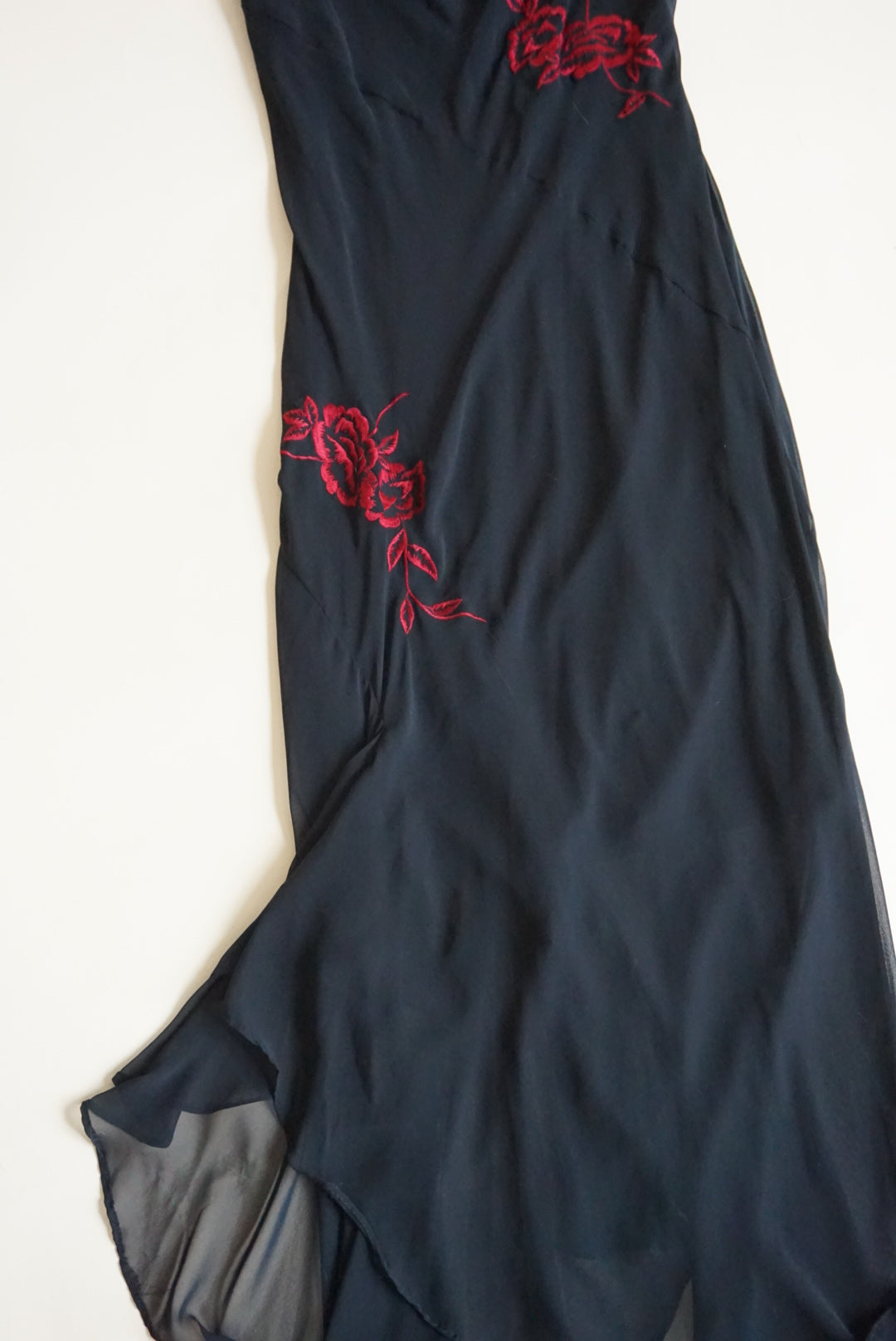 Alyn Paige 90s Vintage Black Cowl Neck Slip Embroidered Roses Maxi Dress - Size 10