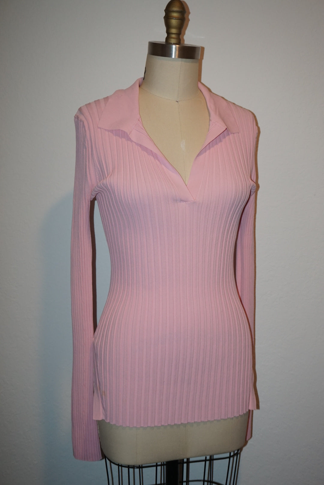 "Helmut Lang" Pink Ribbed Knit Slash Polo Top - Size Large