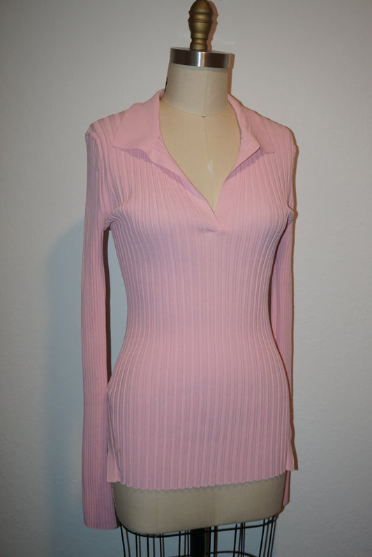 "Helmut Lang" Pink Ribbed Knit Slash Polo Top - Size Large