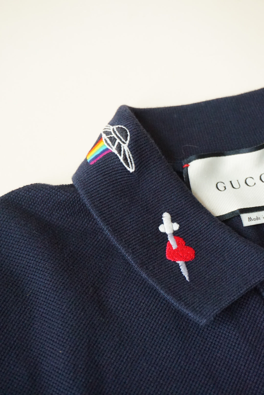 Gucci Men's Navy Embroidered Collar Detail Polo - Size XXL